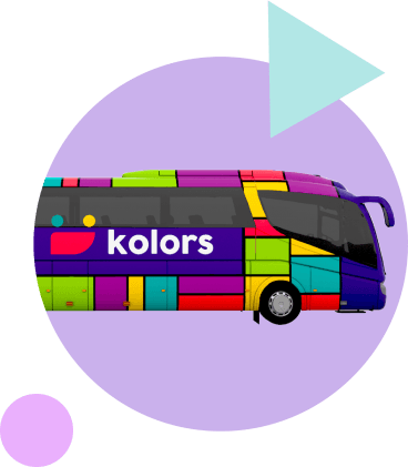 foto de autobús kolors sobre un circulo morado